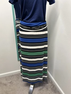 Merona Maxi Skirt Blue Ebony Green White Striped Pull On Casual XL - Image 1 of 4