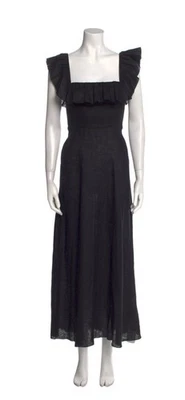Vestido maxi Zimmermann preto linho babado gola quadrada tamanho 1 sem mangas - Imagem 1 de 4
