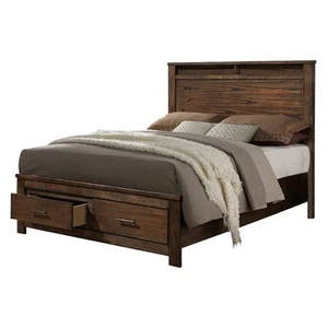 Benjara Enchanting Wooden Queen Bed With Display And Storage Drawers, Oak Finish - Picture 1 of 6