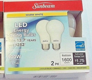 Sunbeam 100W Led Dimmable Light 2 Pack, Energy Star, 1600 Lumens, - Picture 1 of 3