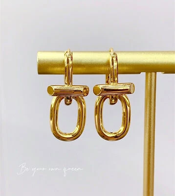 18K Real Gold Link Rivet Dangle Earrings 2024 Fashion Daily Pierce Studs women - Image 1 of 4