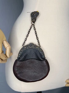 Antique 1913 Chatelaine Purse, Two-Tone Leather, Floral Frame, Waist Hanging Bag - Picture 1 of 10