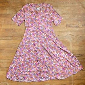 Vintage Floral Print Midi Dress Size Medium 1980s Colorful Button Down Frock - Picture 1 of 9