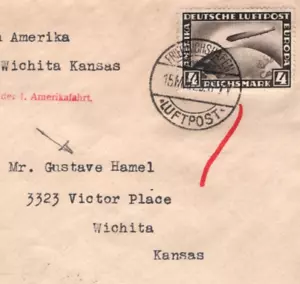 GERMANY Air 4m ZEPPELIN Cover 1929 *GUSTAVE HAMEL* FAMOUS PILOT Wichita USA KZ74 - Picture 1 of 10