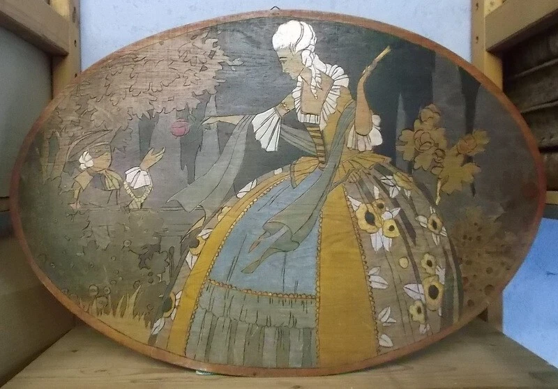 PYROGRAVURE POLYCHROME JOLI PANNEAU OVALE PYROGRAVE SCENE GALANTE (P1) - Photo 1/4