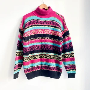 Vintage Esprit Colourful Magenta Teal Wool Blend Turtleneck M - Picture 1 of 5
