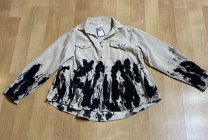 Blue Buttercup Womens Corduroy Top Medium Tie Dye Graphic Black Beige Button Up - Picture 1 of 10