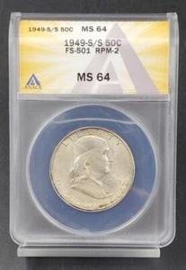 1949 S Franklin Silver Half Dollar Coin ANACS MS64 FS-501 RPM-2 Variety TONER RE - Picture 1 of 5