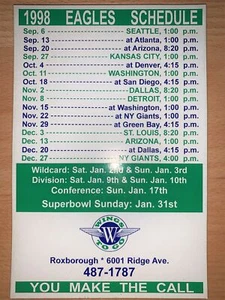 Horario de fútbol Philadelphia Eagles 1998 imán Sked Wings to Go - Imagen 1 de 1