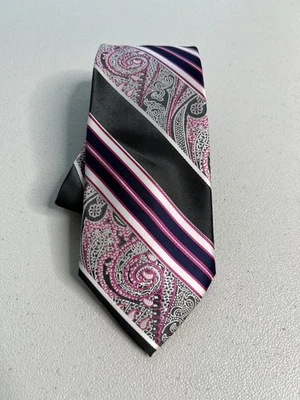 Corbata marca Q gris, rosa a rayas/patrón geométrico floral 100 % microfibra nueva sin etiquetas Foto 1 de 4