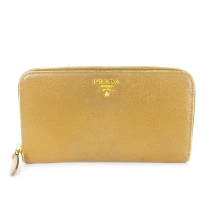 Y1127 PRADA длинный бумажник длинный бумажник с монета сумочки круглый кожаный логотип коричневый /CK - Изображение 1 из 4