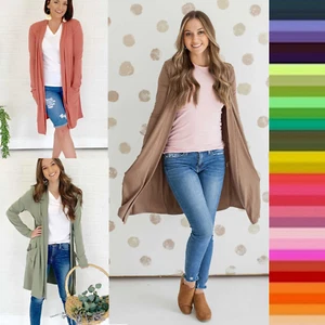 Womens Open Front Knee Length Long Sleeve Cardigan w/ Slouchy Pockets S-3X - Picture 1 of 37