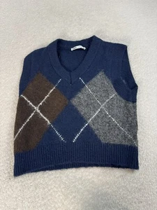 Zara Womens Diamond Knit Tank Top V Neck Wool Blend Sweater Navy Blue Medium - Picture 1 of 6