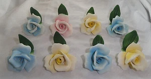 Set of 8 ITALIAN CAPODIMONTE PORCELAIN ROSE PLACECARD HOLDERS Pink, Blue, Yellow - Picture 1 of 8