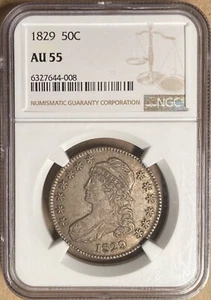1829 NGC AU55 Busto con cappuccio mezzo dollaro 50c - Foto 1 di 2