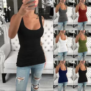 Women Summer Stretch Tank Tops Sleeveless Vest Sports Fitness Long Singlet Solid - Picture 1 of 22