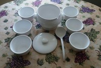 Full Set of Crate & Barrel Soup Tureen with Lid & Spoon & 6 Matching Bowls White