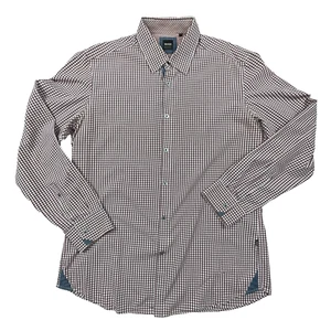 Hugo Boss Men Dress Shirt L Burgundy Wine Blue Check Cotton Long Sleeve Classic - Picture 1 of 24