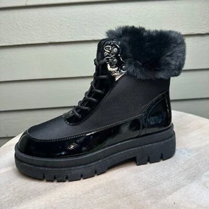Black Faux Fur Ankle Combat Boots Olivia Miller Omra Womens Boots Size 8.5 New - Picture 1 of 14