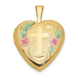Real 14K Yellow Gold 16mm with Enamel Floral Cross Heart Locket; Women & Men - Picture 1 of 7