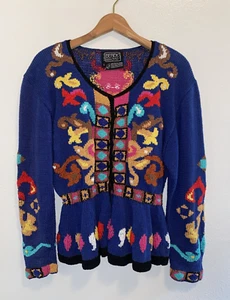 BEREK Marta D VTG Whimsical Festive Button Down Sweater Hand Knit 90's Large - Picture 1 of 8