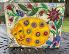Collage d'art signé Susan Kline 14""X11"" Art CHAT JAUNE cadre en bois véritable à bord