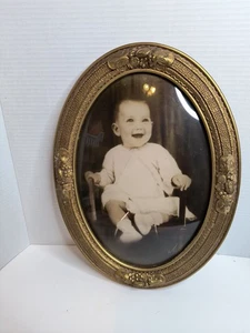 Antique Convex Bubble Glass & Gold Wood Frame W/Baby In Chair 15.5" X 11.5" - Picture 1 of 6