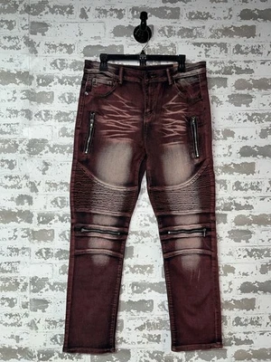 НОВЫЙ! Очень классный уникальный бордовый красный отбеленный молнии Moto джинсы размер 32 - Изображение 1 из 4