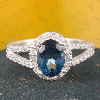 4.20Ct Oval Cut Natural Topaz and Diamond Split Shank Ring 18K White Gold Plated - Image 1 of 4