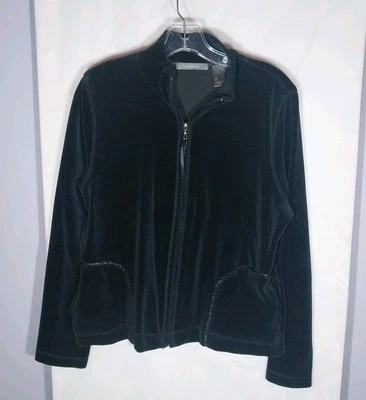 Liz Claiborne Velour Jacket Black Sz L Y2K Athleisure Casual Chic Loungewear  - Image 1 of 4