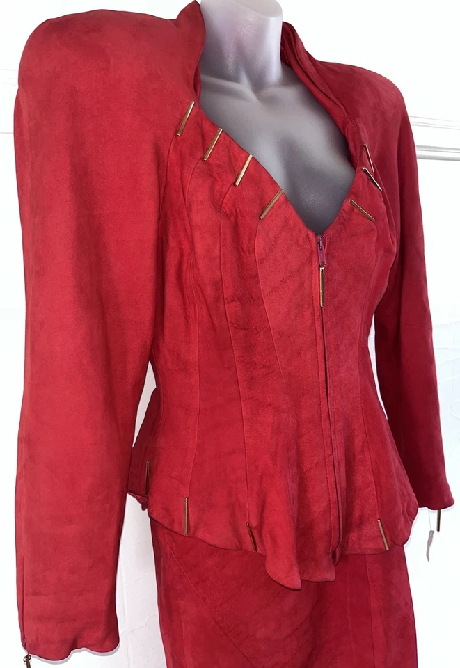 Conjunto Falda Traje Totally Años 80 Vintage Karen Okada David Howard Rojo 100% Gamuza Talla 10 Foto 1 de 4