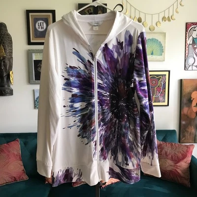 CJ BANKS size X / 14W Ivory & Purple Floral Hooded Zip Front Hoodie Jacket - Image 1 of 4
