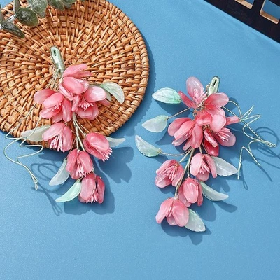 Peach Blossom Glass Hairpin Tassel Soft Stem Hanfu Flower Hair Accessory 2pc - Image 1 of 4
