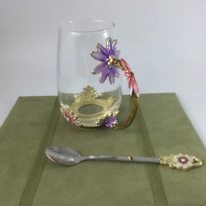 Glass and Enameled Brass Tea Coffee Cup Mug with Spoon Pink Purple Floral - Picture 1 of 7