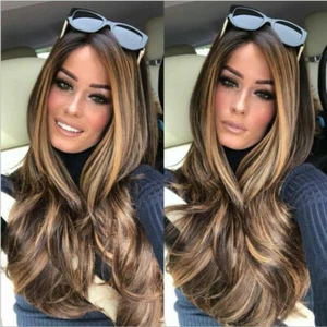 23" Golden Brown to Gold Ombre Long Wavy Curly Blonde Wig Women's Synthetic Hair - Picture 1 of 7