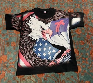 Vintage 90s All Over Print Eagle Jesus T shirt WE NEED GOD IN AMERICA size XL - Picture 1 of 9