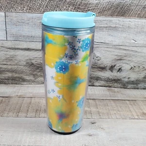STARBUCKS COFFEE 2004 2005 TRAVEL TUMBLER 16 OZ Blue YELLOW FLORAL Flower Spring - Picture 1 of 10