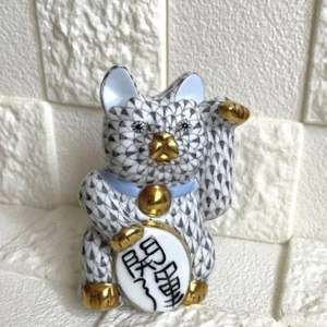 Herend Lucky Cat Black Gray Fishnet Mini Figurine Beckoning Interior No Box Used - Picture 1 of 9