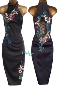 KAREN MILLEN ✩ STUNNING BLACK EMBROIDERED ORIENTAL CORSET WIGGLE DRESS ✩ UK 12 - Picture 1 of 7