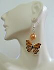 Butterfly Stained Gold Wood Pearl Accent 1.75" Dangle Nickel Free Hook Earrings
