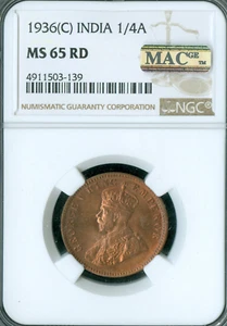 1936 (C) CALCUTTA INDIA 1/4 ANNA NGC MS 65 RD MAC SPOTLESS * - Picture 1 of 2