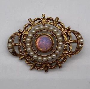 Antique Opal And Faux Pearl Brooch Gold Tone - Picture 1 of 5