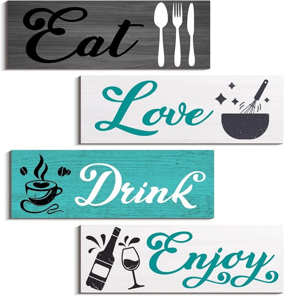 - Turquoise Kitchen Decor Accessories, Teal Wall Art with Grey, Eat Drink Love W - Image 1 of 4