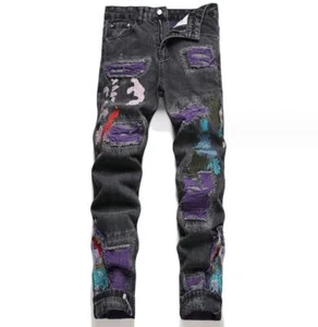 Herren schwarz lila Aufnäher gerissen Stickerei Hip Hop Punk Denim Jeans Hose Neu - Bild 1 von 11
