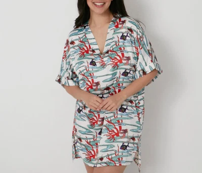 Camisa para dormir de satén con estampado de cala de isla tropical de peces novedad N Natori talla grande L37 Foto 1 de 4