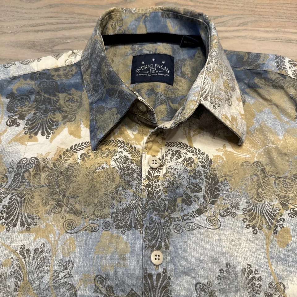Indigo Palms Blue Beige Shirt Men’s L Abstract Floral Long Sleeve Button Up - Image 1 of 4