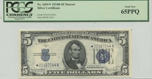 1934D $5 Silver Cert FR#1654* PCGS 65 Gem New PPQ Star Narrow - Picture 1 of 2