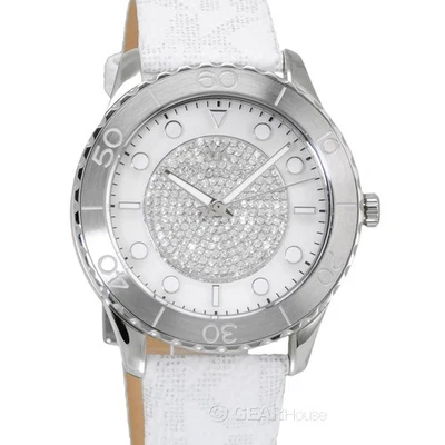 Reloj Michael Kors Runway para mujer cristal pavé brillo, correa blanca plateada con logotipo MK Foto 1 de 4