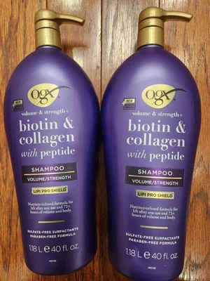 2 OGX IMPROVED FORMULA VOLUME & STRENGTH BIOTIN & COLLAGEN SHAMPOO LIPI 40 OZ EA - Image 1 of 3