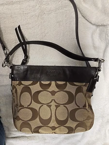 Coach Signature Jacquard Large Zoe Hobo Shoulder Bag Khaki F12674 Nice =^..^= - Picture 1 of 17